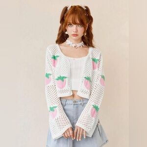 NWT Large ROMWE Kawaii Knit Crop Cardigan w/ Pink Strawberries